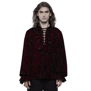 Front full-body view of crimped velvet gothic lace-up shirt in wine red with ruffled collar and cuffs