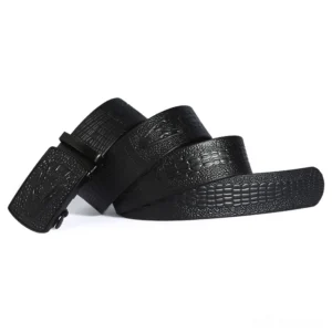 Black crocodile embossed leather gothic belt with matte automatic buckle, oblique side view showcasing full texture detail