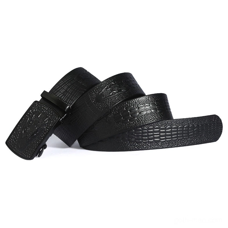 Black crocodile embossed leather gothic belt with matte automatic buckle, oblique side view showcasing full texture detail