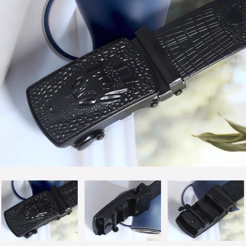 Crocodile head embossed black buckle detail, close-up oblique view and tabletop styling of gothic belt hardware