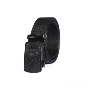 Rolled crocodile pattern leather belt with embossed black automatic buckle head, front oblique angle displaying buckle design