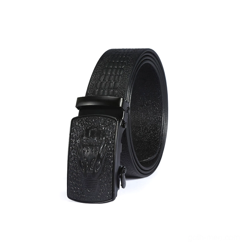 Rolled crocodile pattern leather belt with embossed black automatic buckle head, front oblique angle displaying buckle design