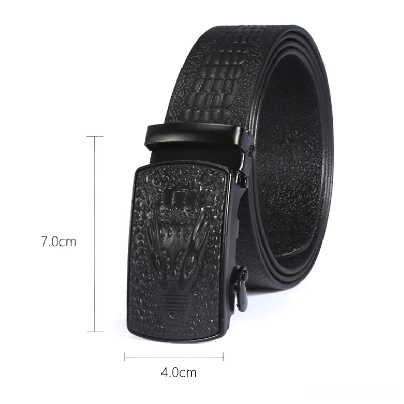 Full length black crocodile embossed leather gothic belt front view, showing 3.4cm width and 7cm buckle height