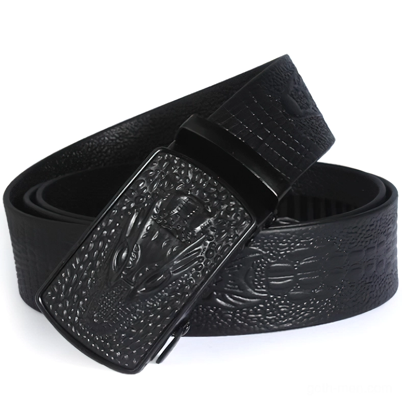 Top oblique view of black crocodile pattern gothic belt, displaying full texture coverage and uniform embossing across surface