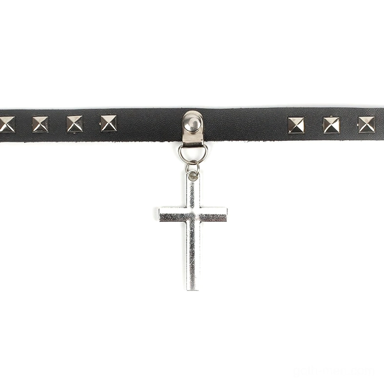 Cross choker necklace with silver metal studs - flat lay side view detail