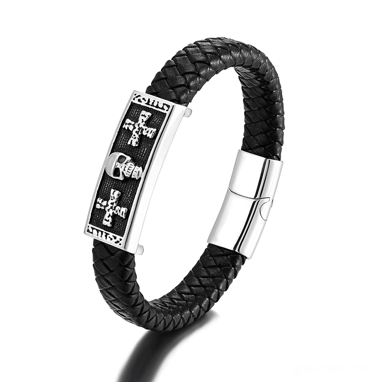 Black leather bracelet with engraved sacred cross stainless steel buckle and magnetic fastening system