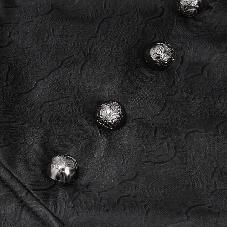 Ornate cross pendant decorative buttons detail on black leather gothic coat front