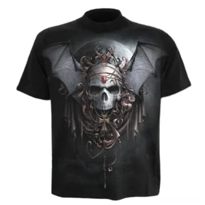 Black gothic t-shirt with ornate crowned skull and bat wings 3D print front view, unisex crew neck short sleeve