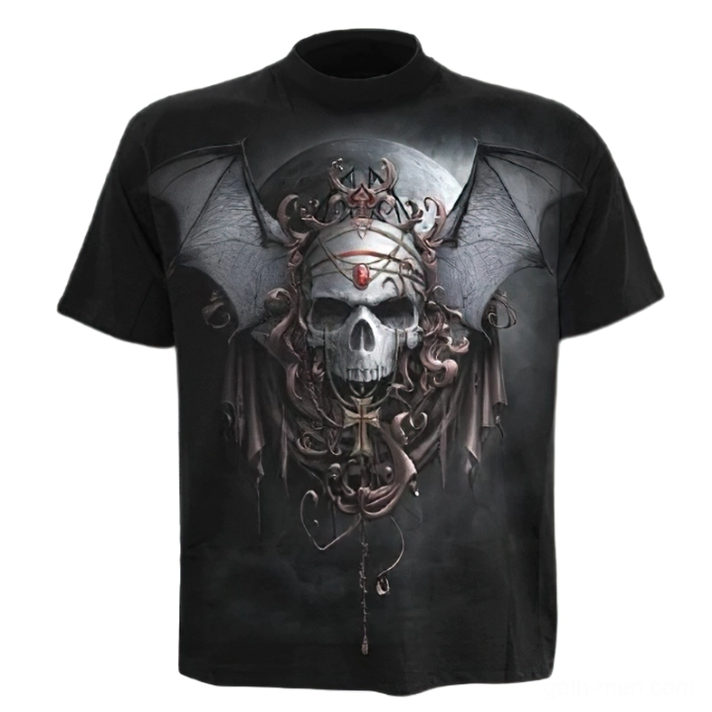 Black gothic t-shirt with ornate crowned skull and bat wings 3D print front view, unisex crew neck short sleeve