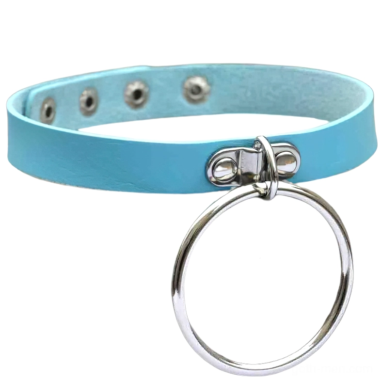 Light cyan blue punk leather choker with silver circular padlock, alternative gothic jewelry