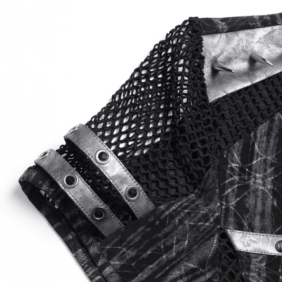 Cyber goth black mesh t-shirt with spiked shoulders and studded cross on model