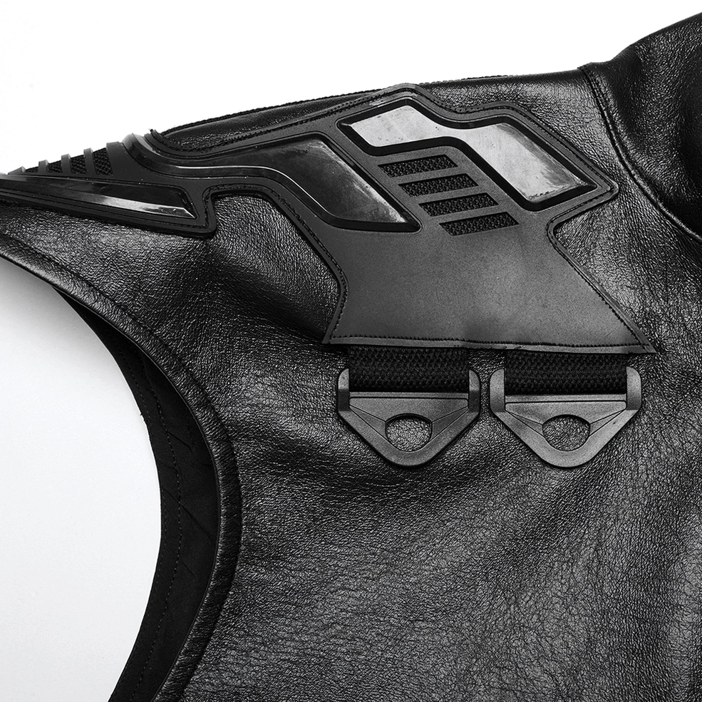Detailed close-up of shoulder armor embossed cyber grille design and rubberized faux leather surface texture