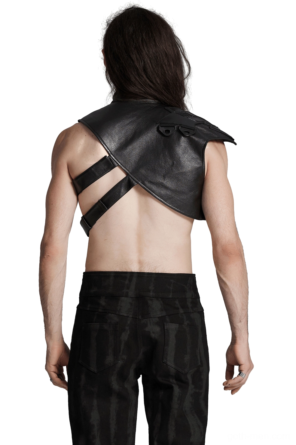 Rear view of gothic tactical shoulder harness showing cross back straps and open back design