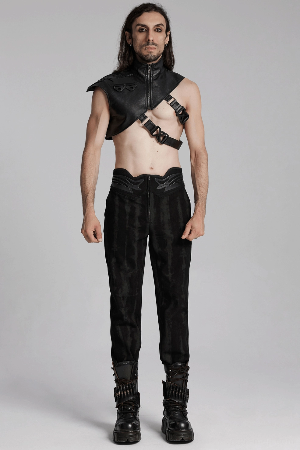 Full body styling view of black cyberpunk shoulder armor harness worn with alternative fashion aesthetic