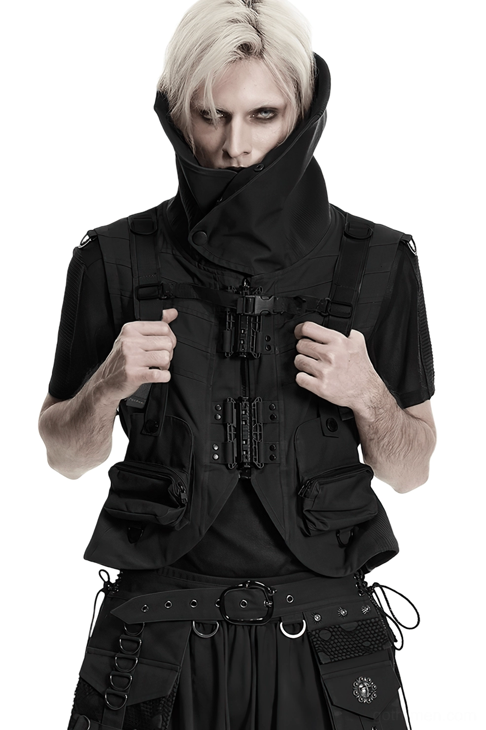 Cyberpunk tactical backpack with hanging metal chains and skull emblems, showing spray-painted distressed details and retro aesthetic