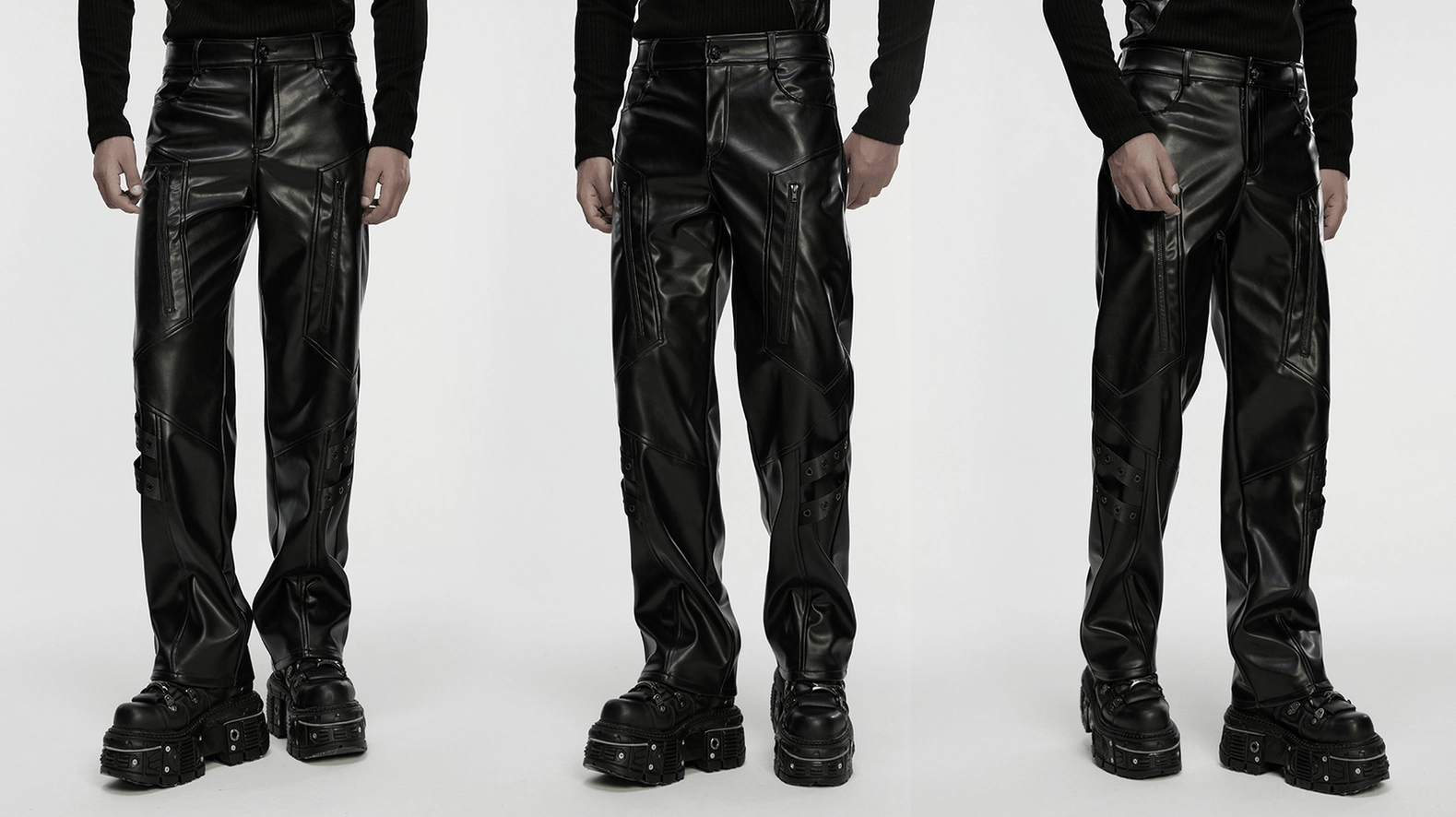 Cyberpunk black faux leather pants full length silhouette and straight leg profile
