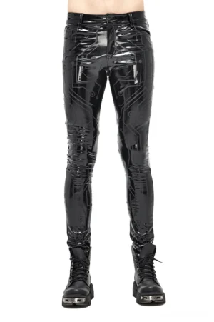 Black glossy PU leather skinny pants with circuit board print worn by male model in front view with combat boots