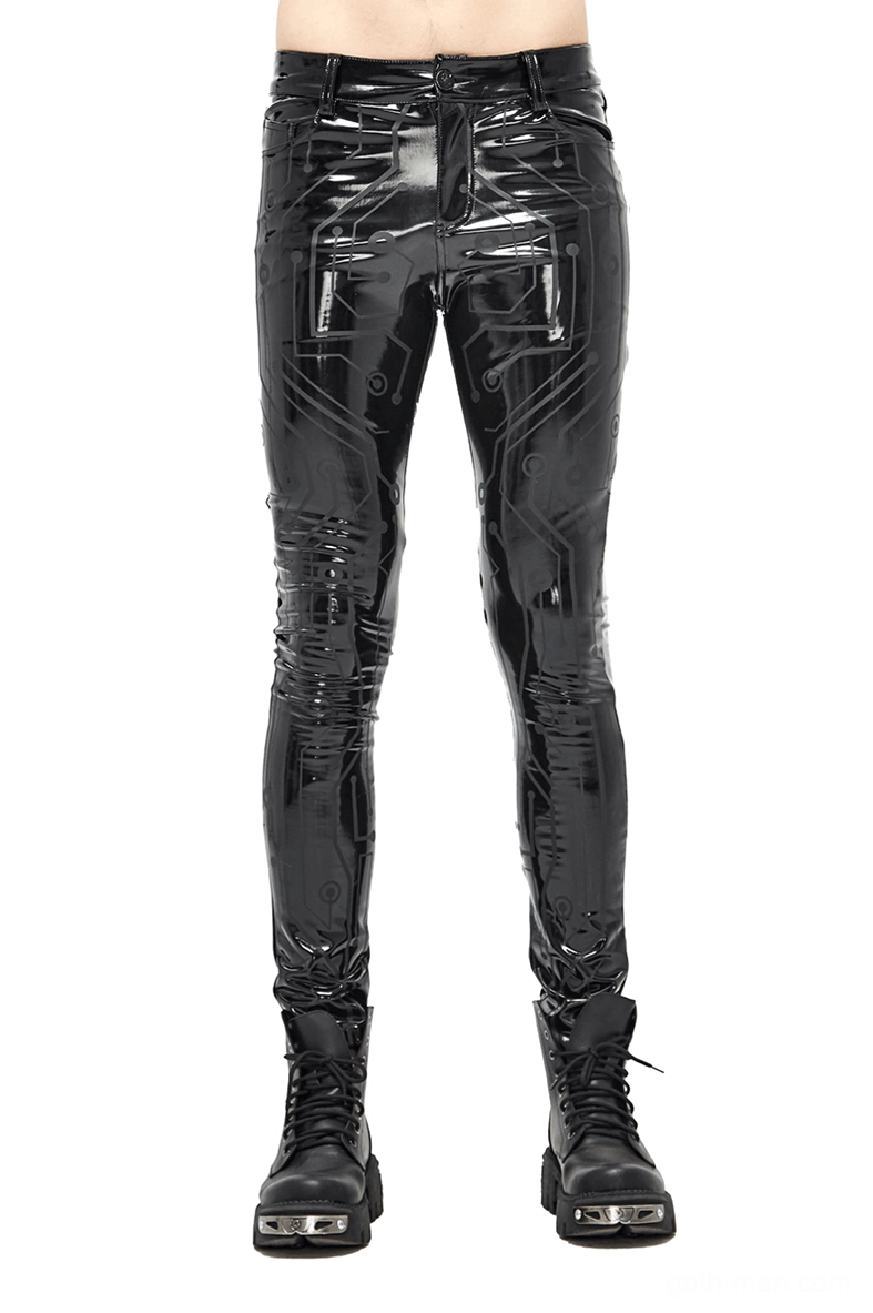 Black glossy PU leather skinny pants with circuit board print worn by male model in front view with combat boots