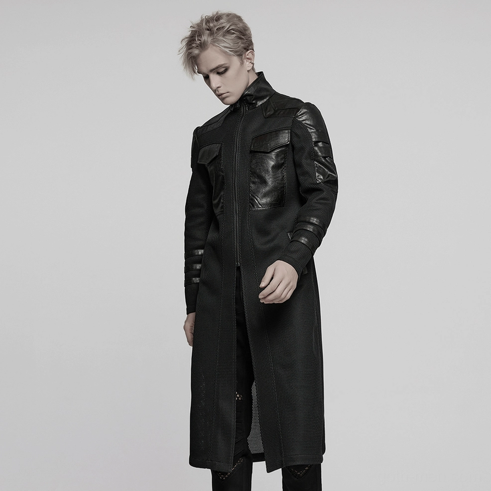 Black cyberpunk long coat full rear hanging view showing back silhouette and strap architecture