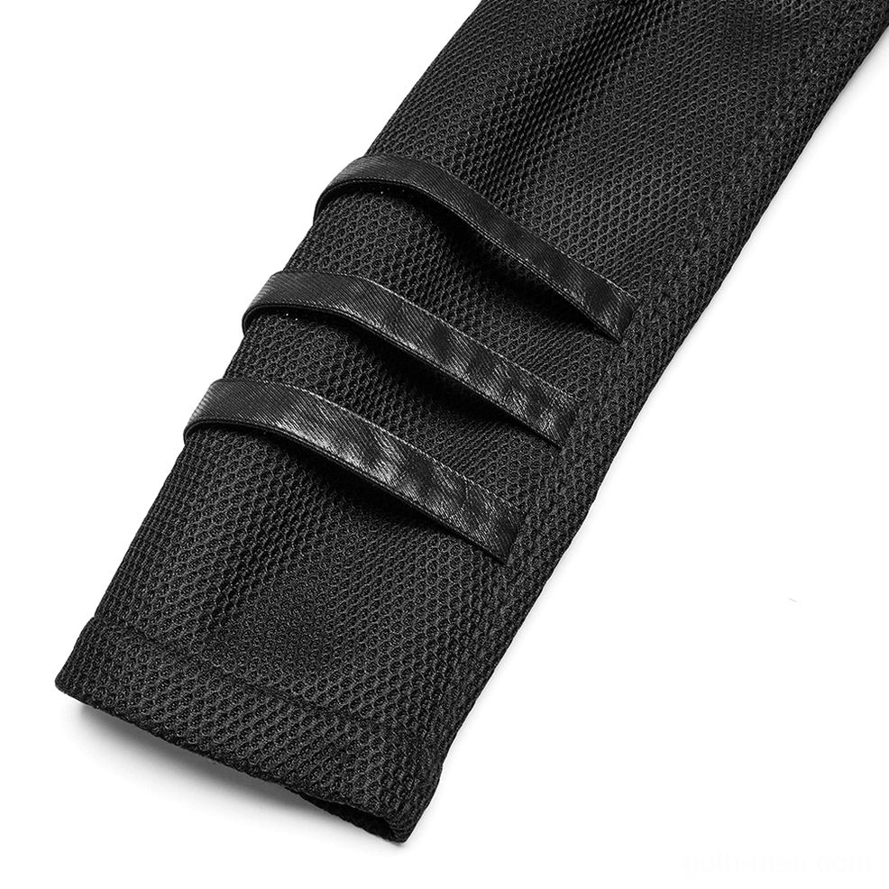 Black cyberpunk coat cuff close-up detail showing mesh fabric and triple decorative straps
