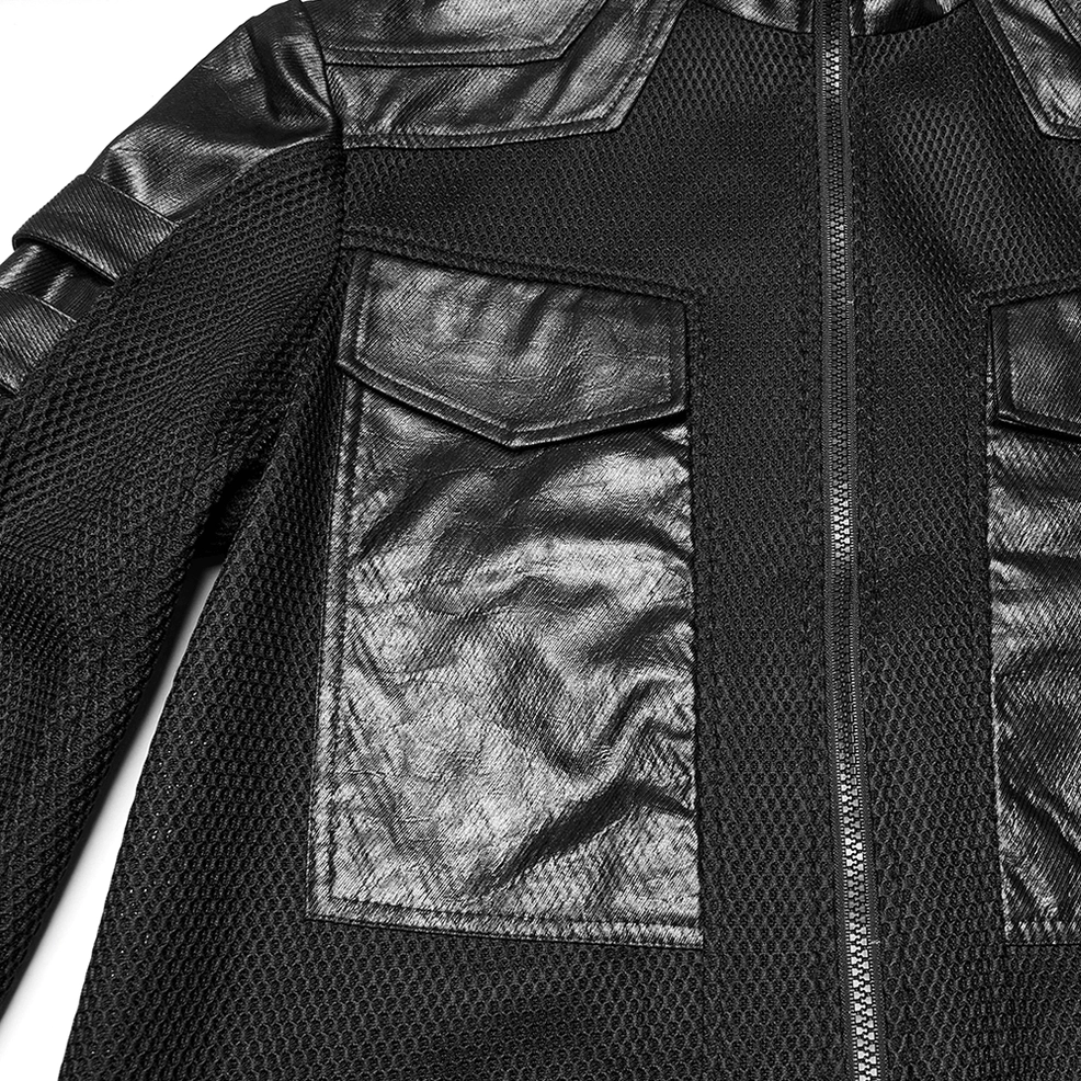 Black cyberpunk coat front close-up detail showing full zip closure and leather chest pockets on mesh base