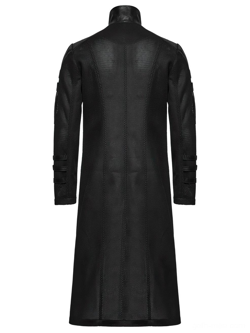 Black cyberpunk coat rear flat lay showing seam stitching and tailored back construction