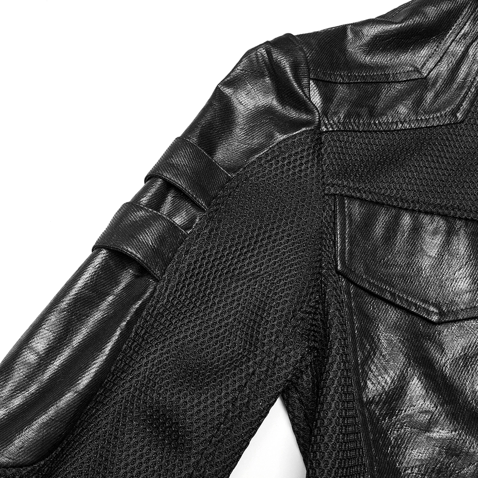 Black cyberpunk coat shoulder close-up detail showing glossy leather and mesh combination with sleeve straps