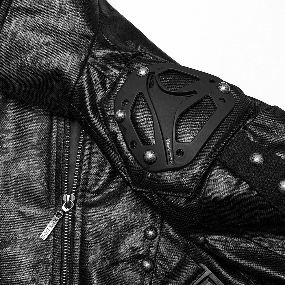 Close-up detail of cyberpunk coat shoulder and zipper - metal branded zipper pull and studded hardware