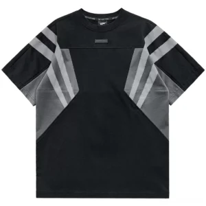 Cyberpunk gothic patchwork t-shirt front flat lay, black with dark gray color block splicing and reflective stripe accents
