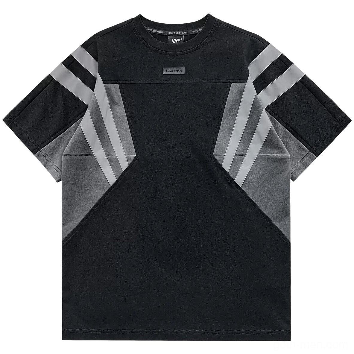 Cyberpunk gothic patchwork t-shirt front flat lay, black with dark gray color block splicing and reflective stripe accents