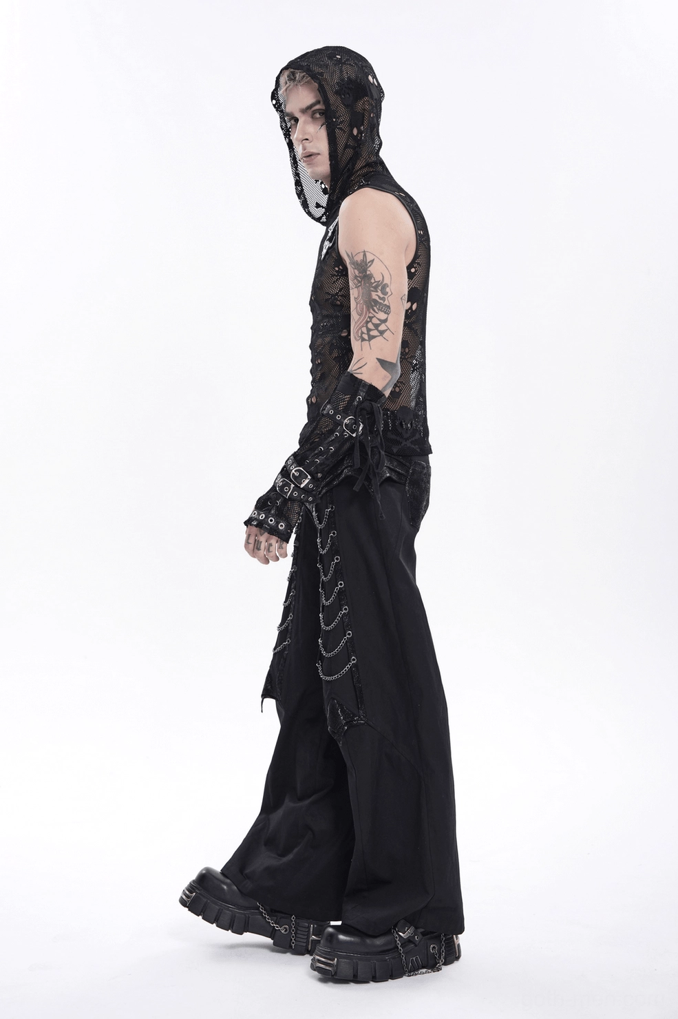 Black cyberpunk gothic trousers with layered waist and draped metal chain detail