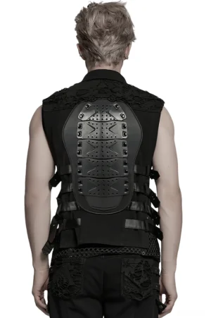 Protective armor back panel on cyberpunk gothic vest - perforated geometric design with distressed base fabric and studded leather straps