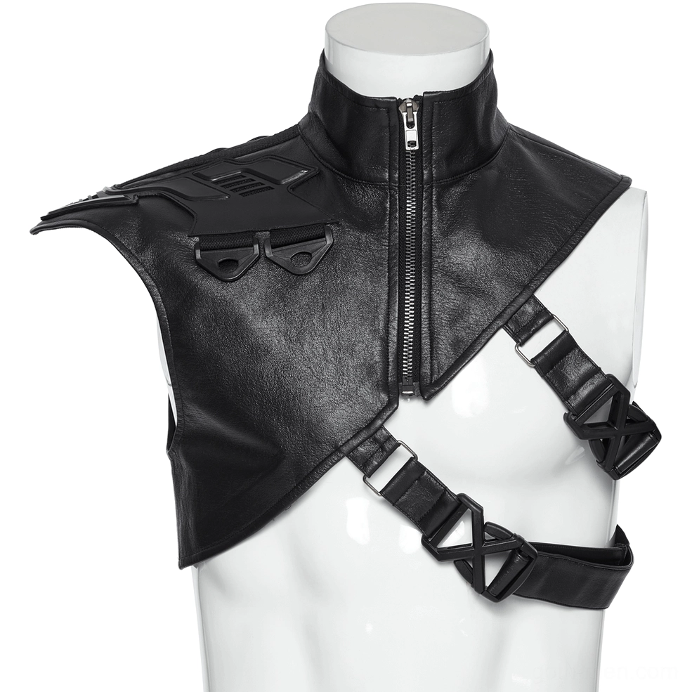 Three-quarter front view of cyberpunk armor harness displaying matte leather texture and plastic tactical trims