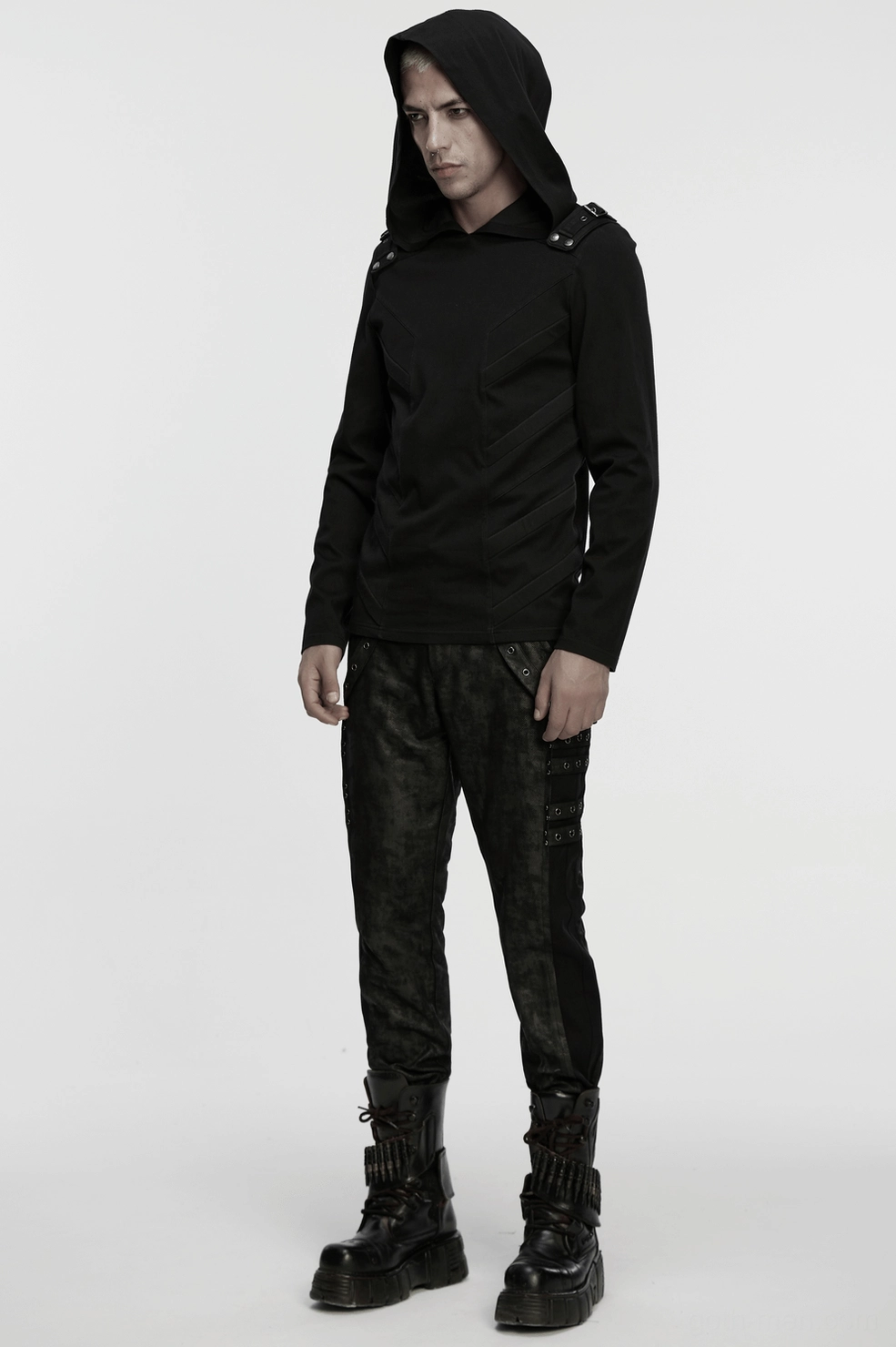 Gothic cyberpunk hooded top texture and fabric closeup - premium knitted cotton blend material