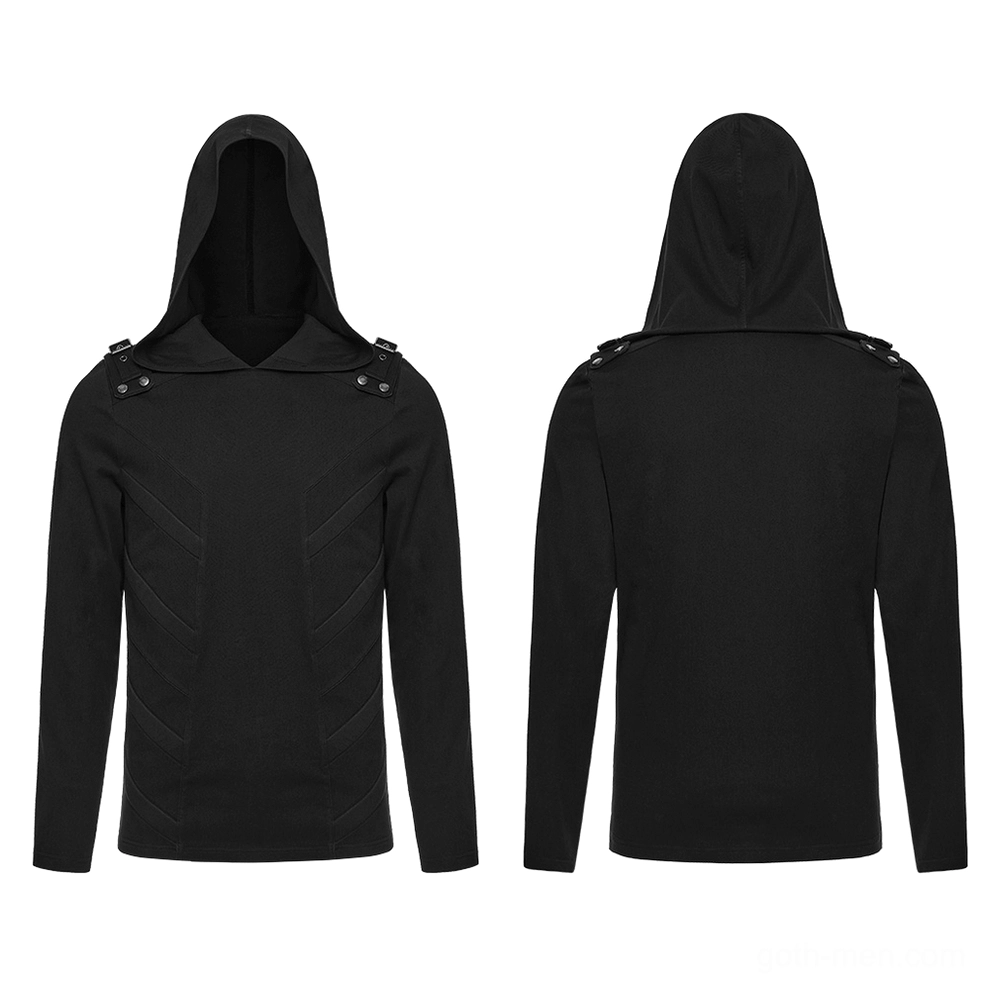 Men's gothic cyberpunk hooded top flat lay front and back view - black knitted fabric with structural design