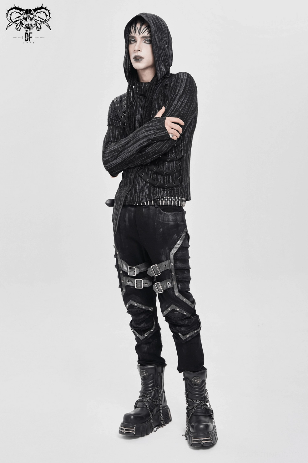 Mannequin wearing cyberpunk hooded top, emphasizing asymmetric front hem and shoulder straps