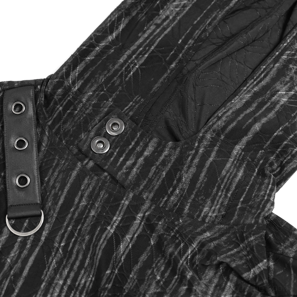 Macro detail shot of striped knit fabric and metal eyelet hardware on gothic hooded top