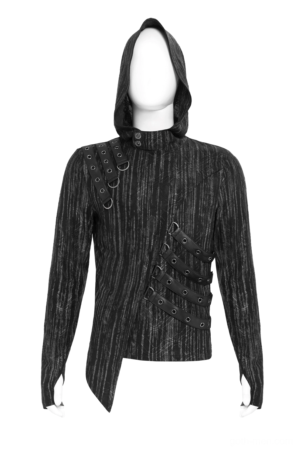 Front view display mannequin wearing gothic striped hooded top with metal grommet strap system