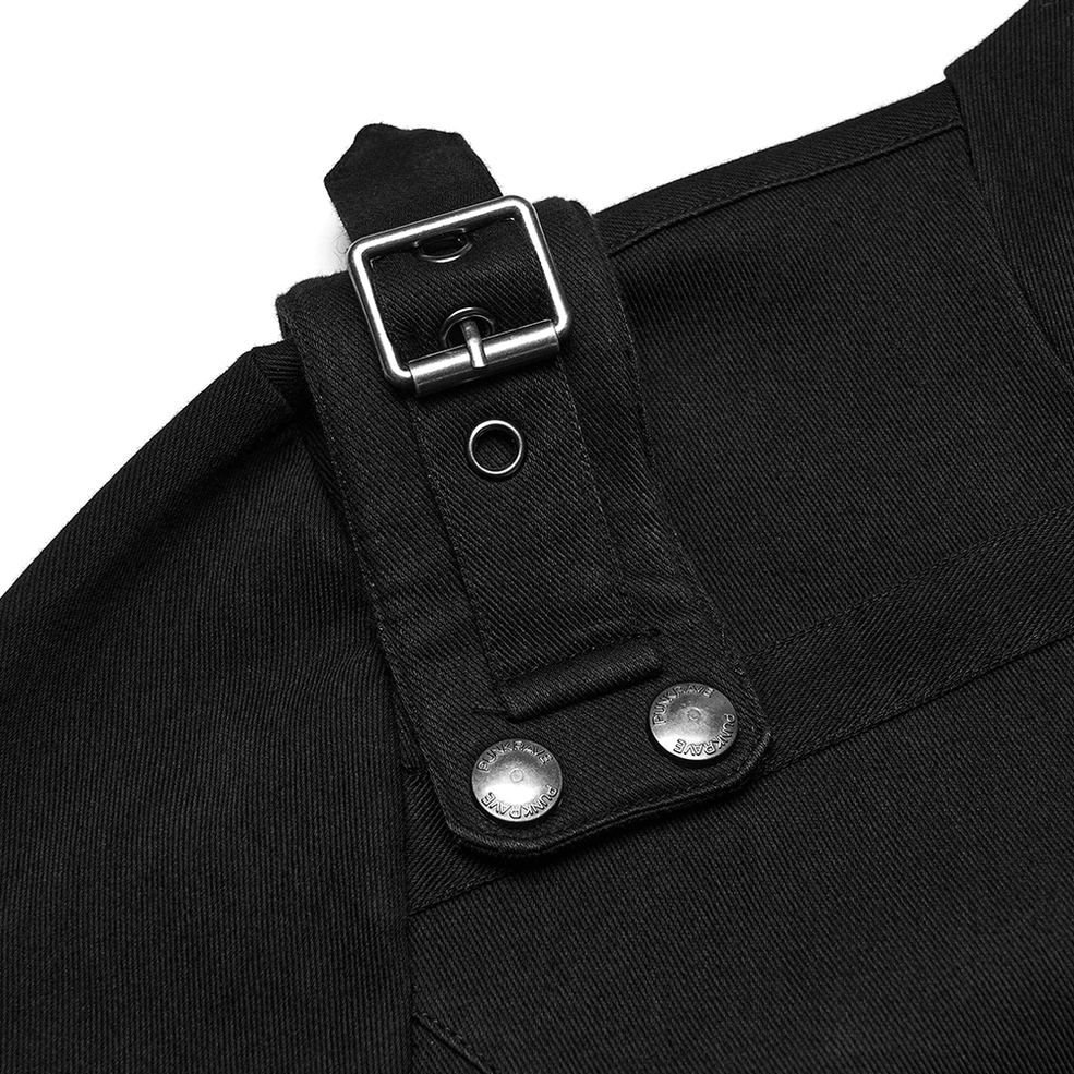 Close-up detail of metal shoulder buckles and snap fasteners on gothic cyberpunk hooded top
