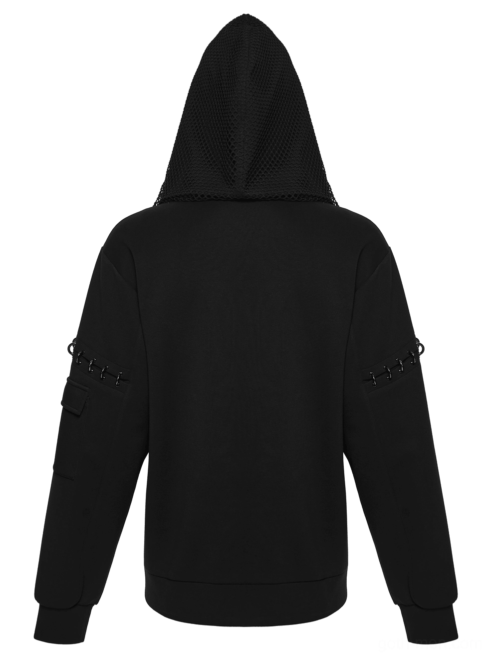 Back full view of unmodeled black cyberpunk hoodie showing solid knit construction and metal arm hardware
