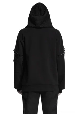 Back view of black gothic cyberpunk hoodie showing solid knit fabric and metal hardware details