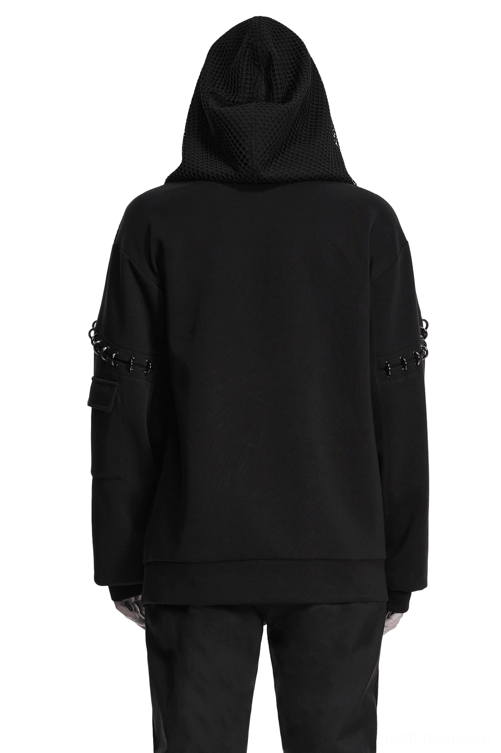 Back view of black gothic cyberpunk hoodie showing solid knit fabric and metal hardware details