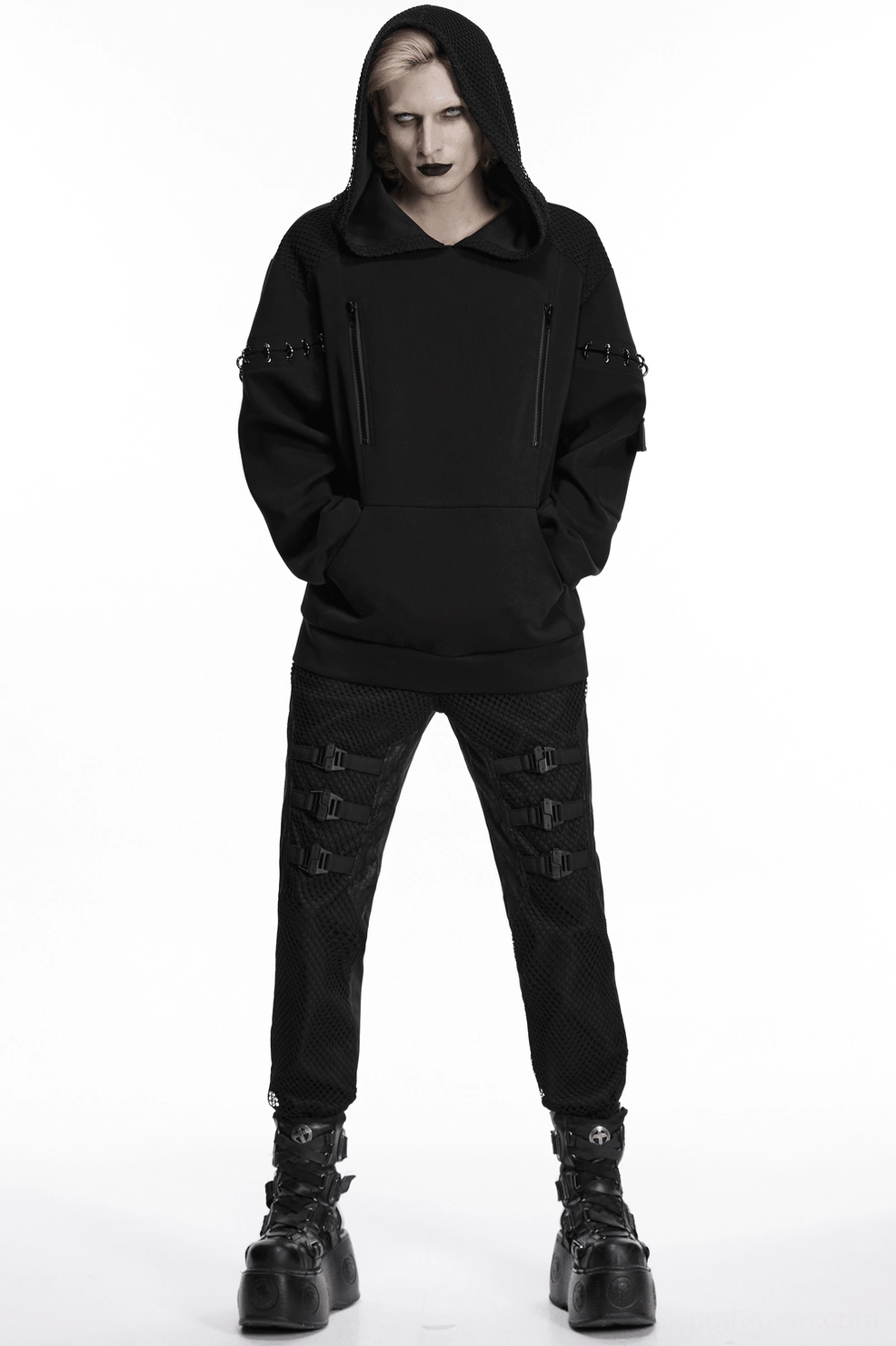 Black cyberpunk hoodie with dual-layer mesh hood and industrial metal D-ring sleeve rings worn by model