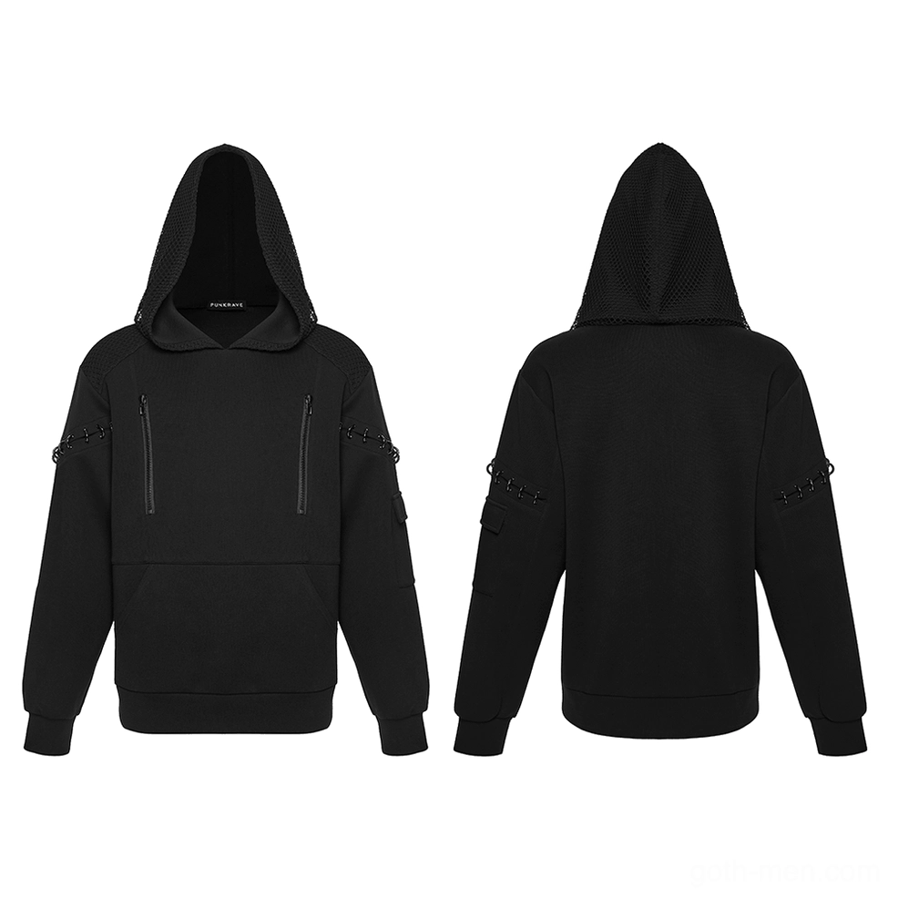 Flat lay front and back display of black cyberpunk hoodie with dual chest zippers and kangaroo pocket detail