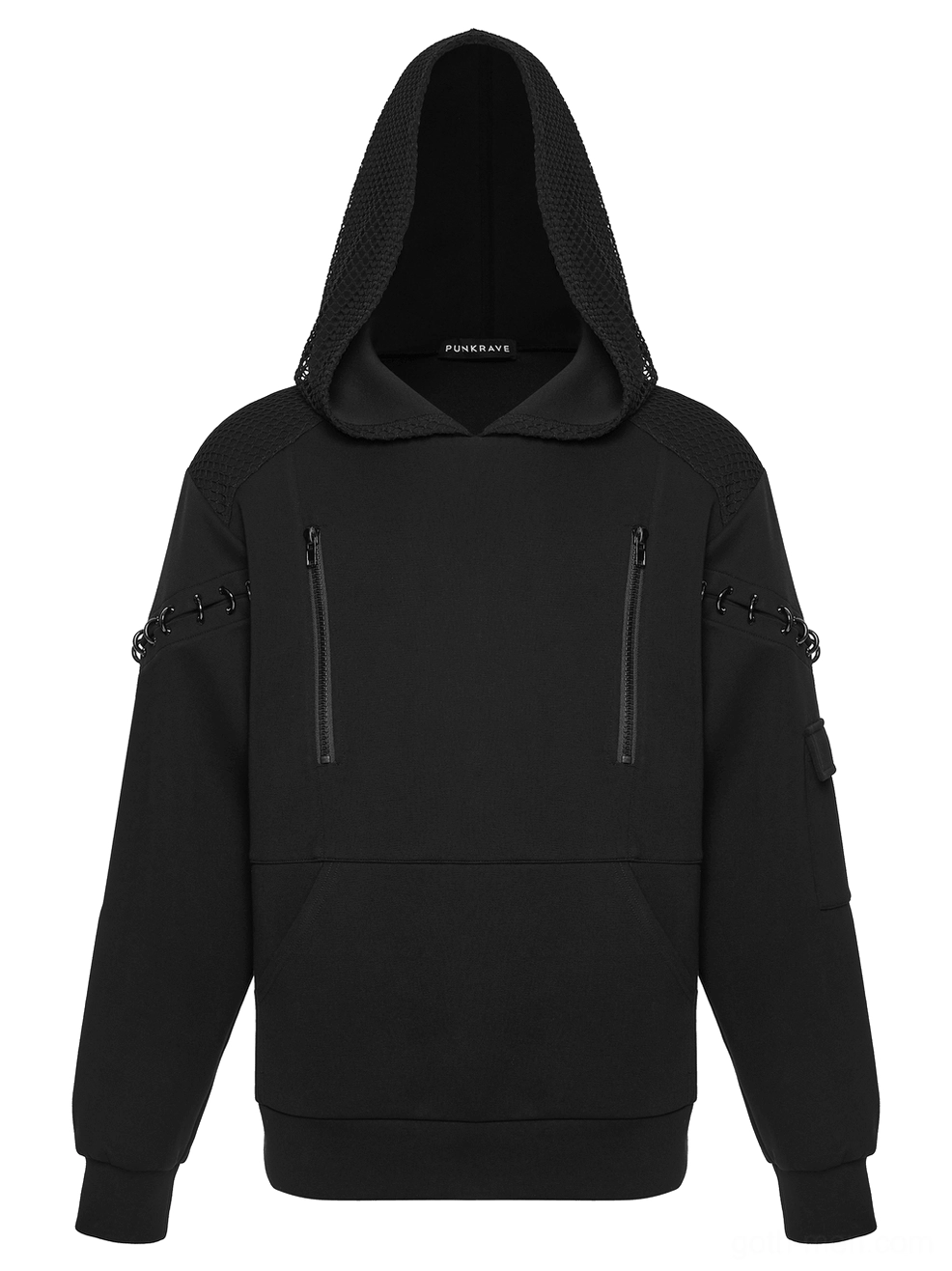 Front facing unmodeled black cyberpunk hoodie showing mesh hood interior and branded collar detail