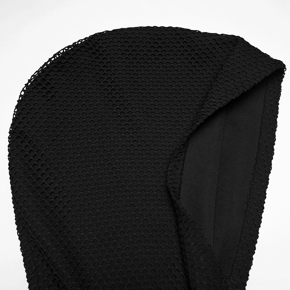 Close-up macro view of black cyberpunk hoodie interior mesh hood showing waffle knit texture detail