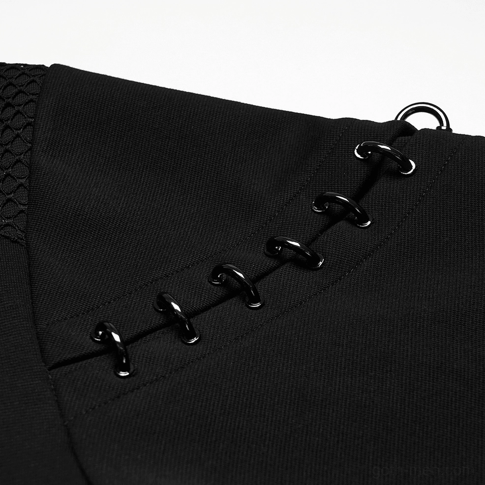 Macro close-up of black metal D-ring hook fasteners on sleeve of cyberpunk hoodie with knit fabric detail