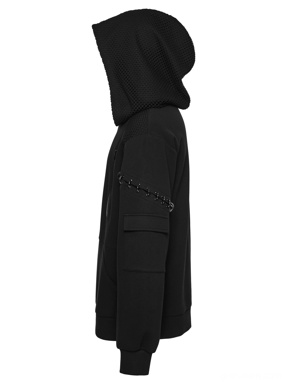 Left side profile view of black cyberpunk hoodie displaying mesh hood and sleeve utility pocket with metal chain hardware