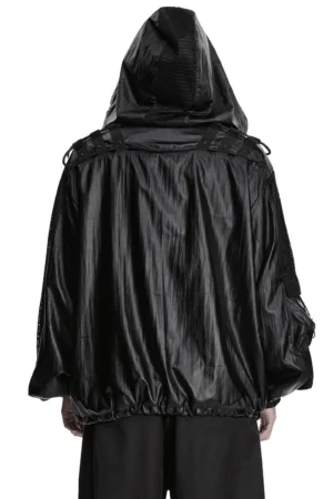 Rear view of black gothic cyberpunk jacket showing tactical webbing straps and mesh panels