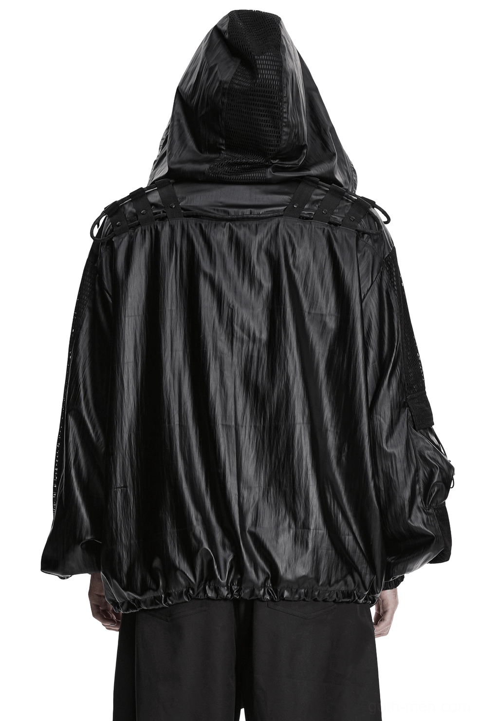 Rear view of black gothic cyberpunk jacket showing tactical webbing straps and mesh panels